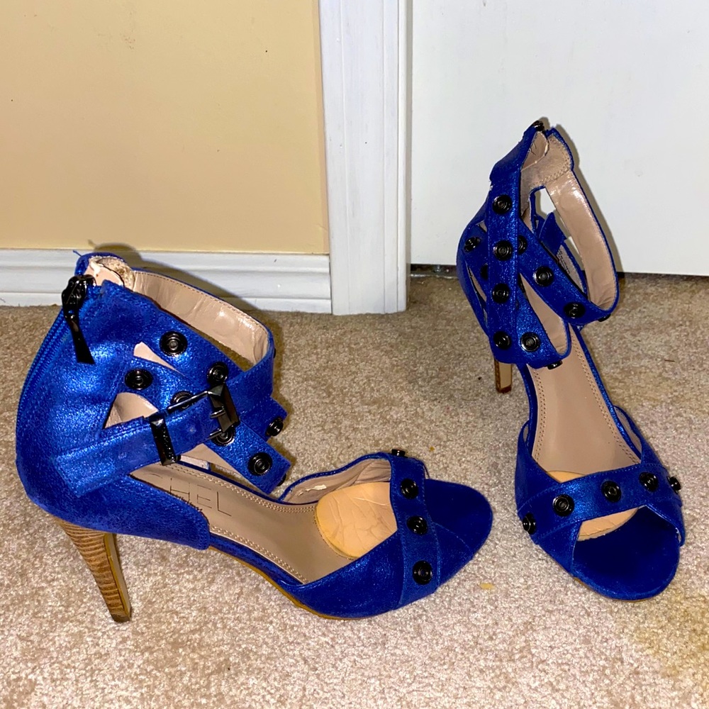 Blue leather high heels